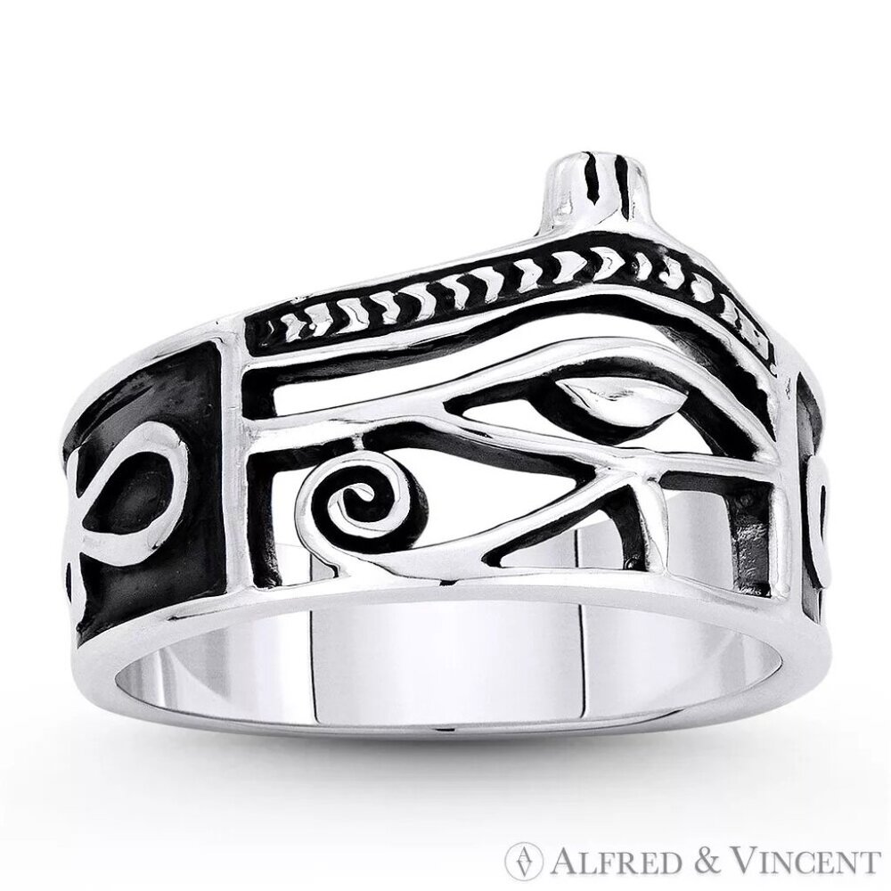 Eye of Horus & Ankh Cross Egyptian Charm Ring in .925 Sterling Silver Size 10